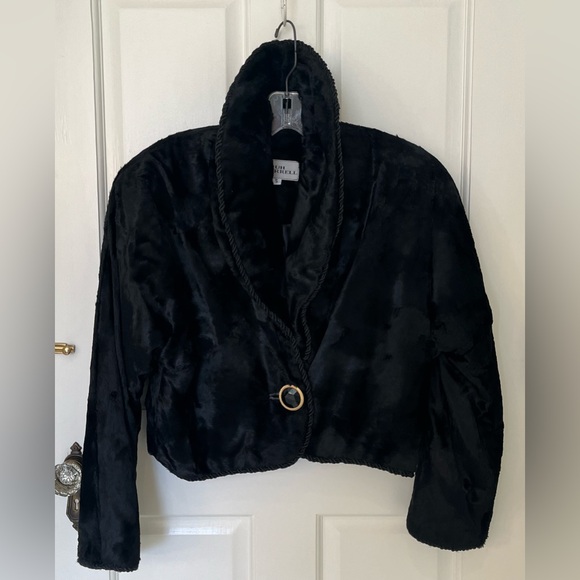 90s black faux lamb cropped jacket w shawl collar braid trim. Never worn. Sz S - Picture 2 of 7